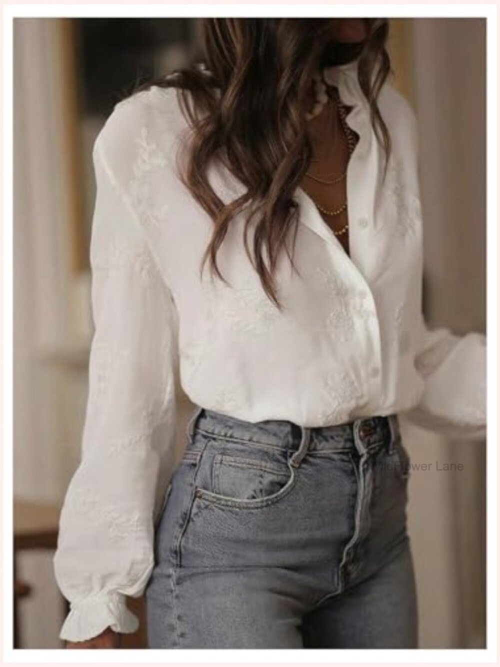 Boho Peasant Top Floral Embroidered Sheer Bishop Long Sleeve Blouse Button Up - Picture 3 of 5